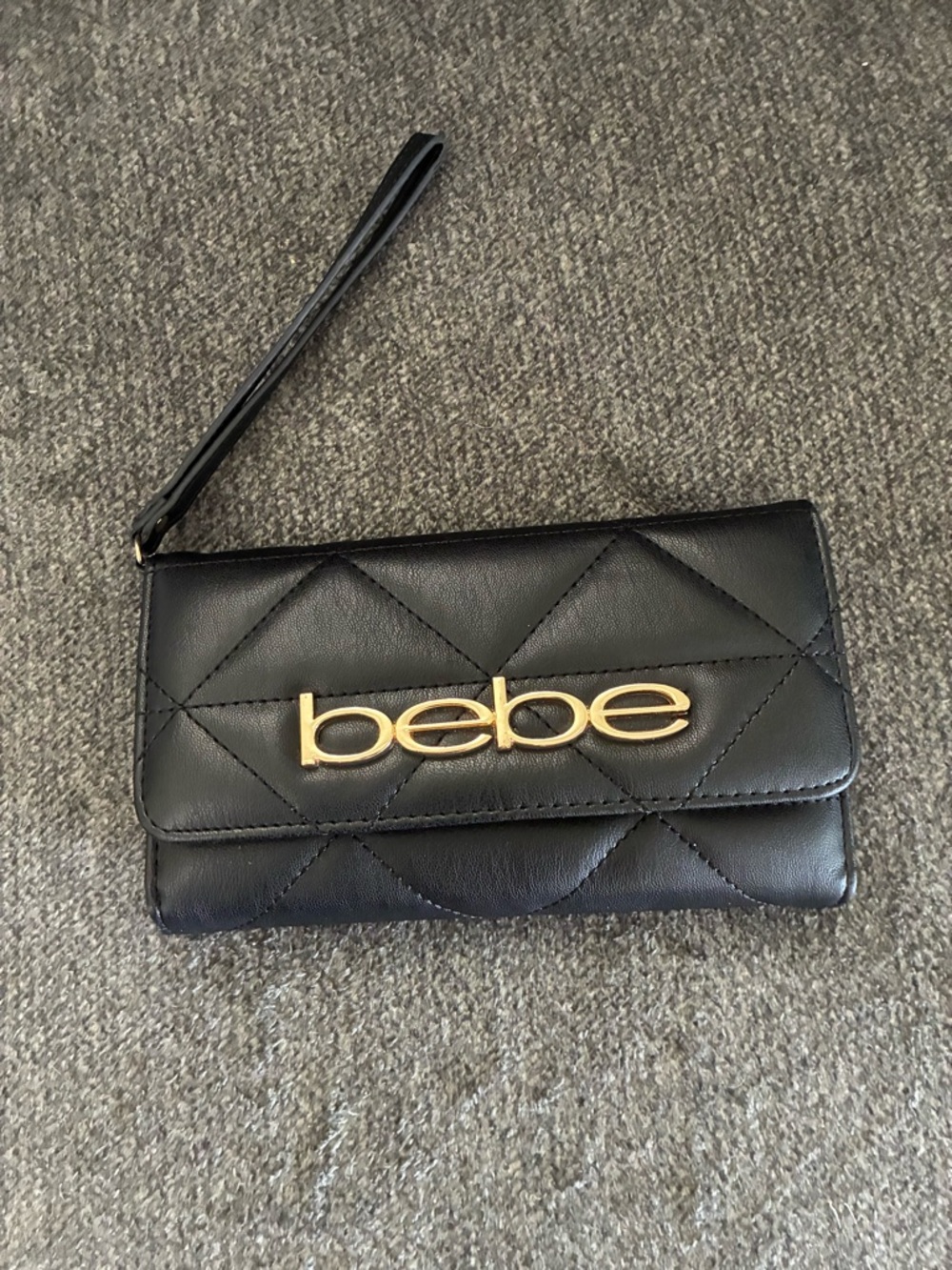 bebe Black Quilted Wristlet Clutch with Gold Logo